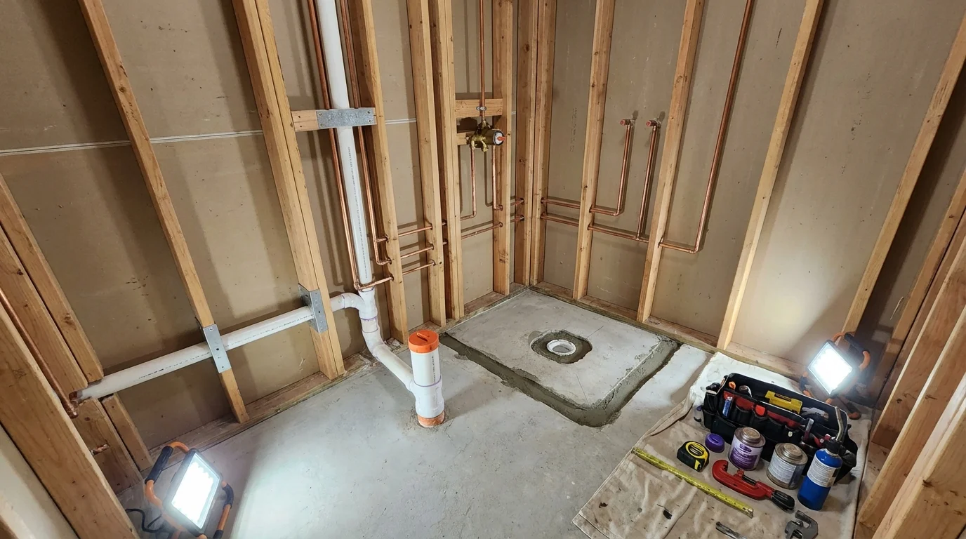 Bathroom rough-in plumbing during remodel by Johns Plumbing LLC in Zanesville