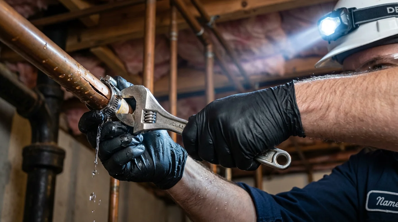 Emergency pipe clamp repair being performed by a Johns Plumbing LLC plumber in Zanesville