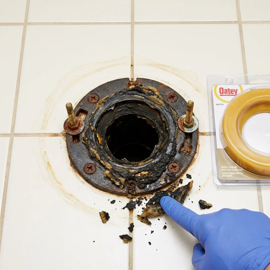 Failed wax ring showing water seepage at the base of a toilet in a Zanesville, OH home