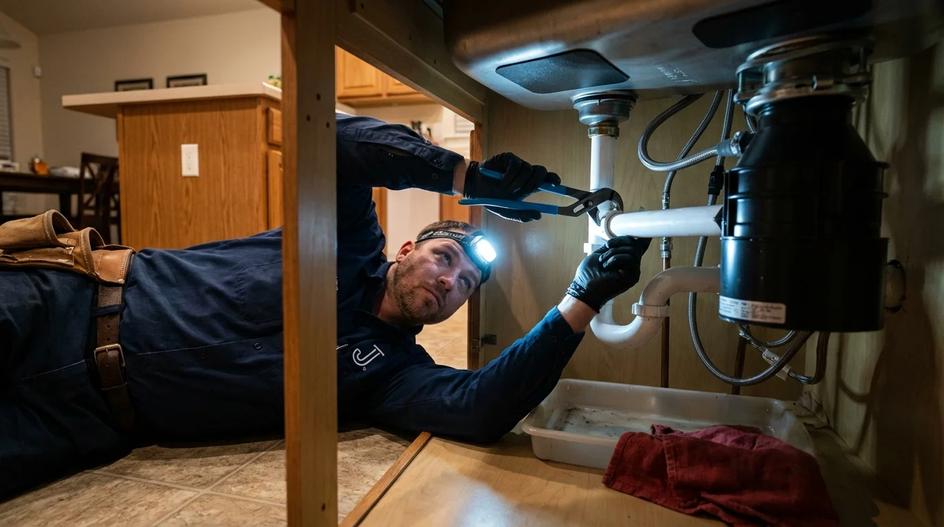 P-trap and supply line connections under a kitchen sink showing a common leak point in Zanesville, OH